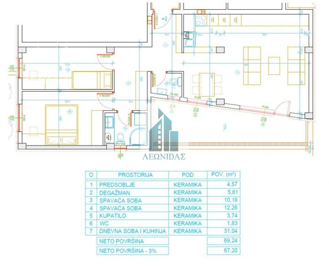 Apartament me 2 dhoma, 67 m²