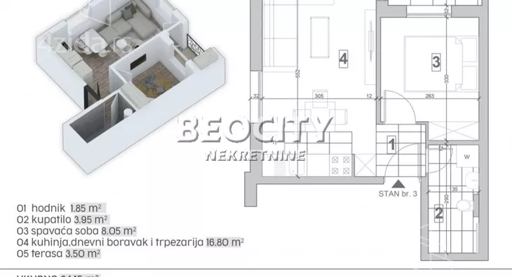 Jednoiposoban stan na prodaju, Adice, 61.200€, 34m² - stampaj