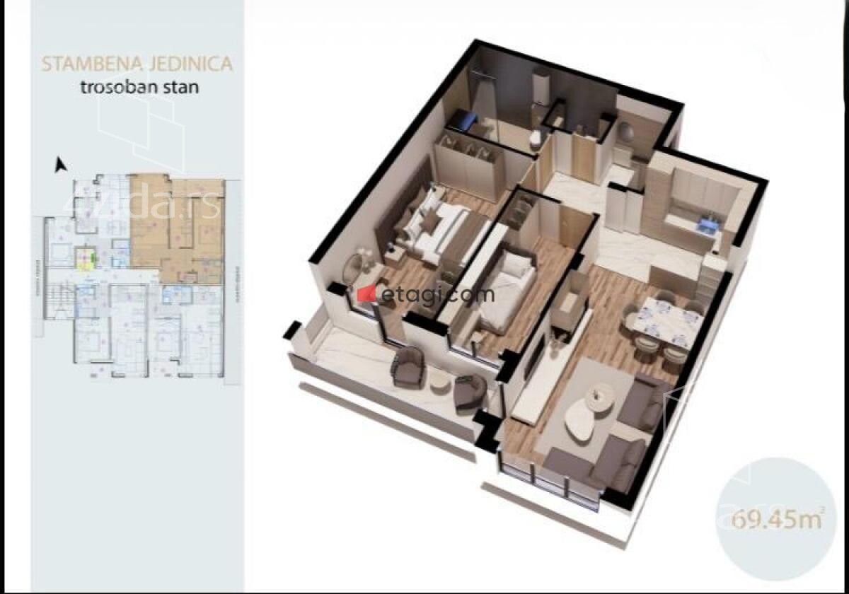 Apartament me 3 dhoma, 69 m²