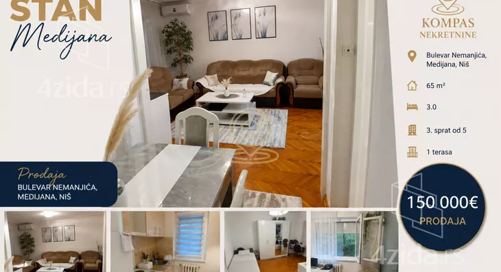 Trosoban stan na prodaju, Bulevar Nemanjića, 150.000€, 65m² - stampaj